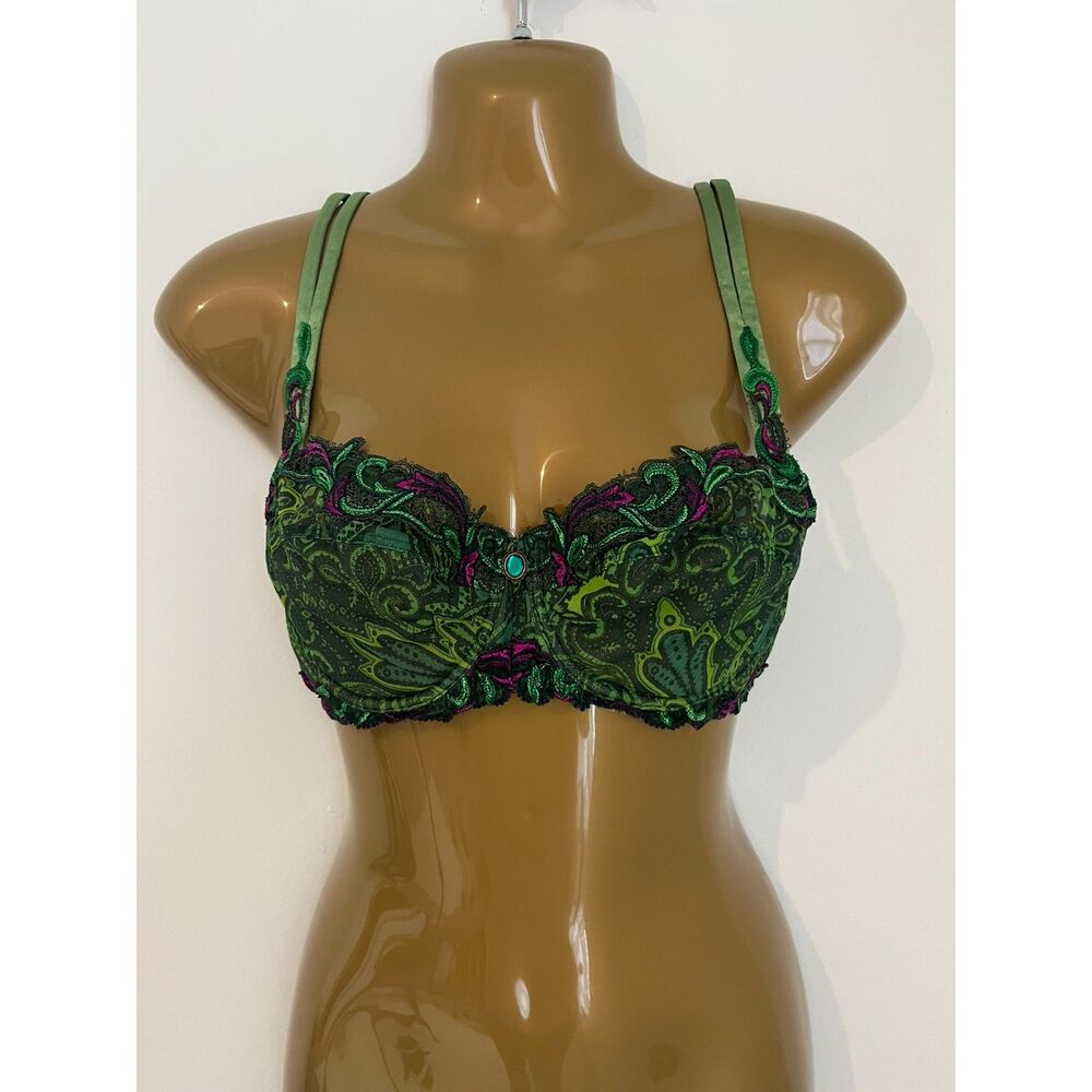 Lise Charmel Green and Purple Paisley Embroidered Bra with Jewel 32 D
